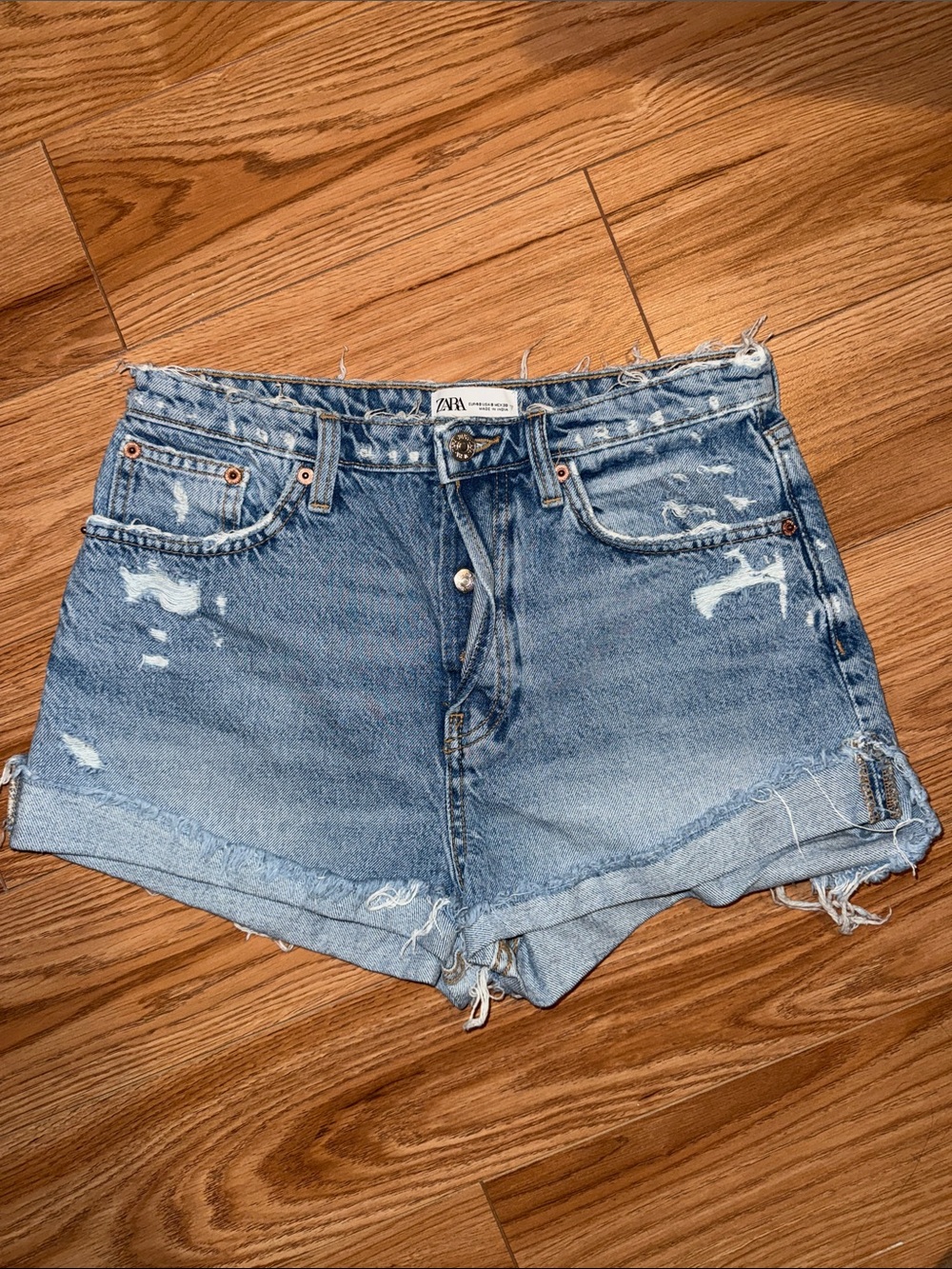 ZARA Medium Blue Distressed Denim Shorts